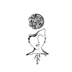 Art print for home decor of a line drawing of an image of an abstract face with the evil eye symbol at the bottom connected to roots, and a trippy ball at the top of the head.